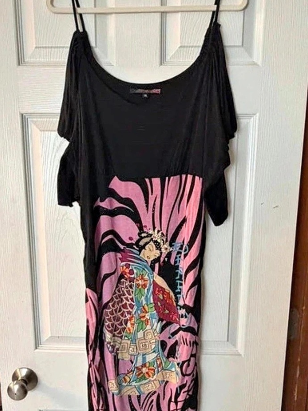 Ed Hardy Geisha & Tiger Rhinestone Cold Shoulder Dress Mini Dress Pink & Black